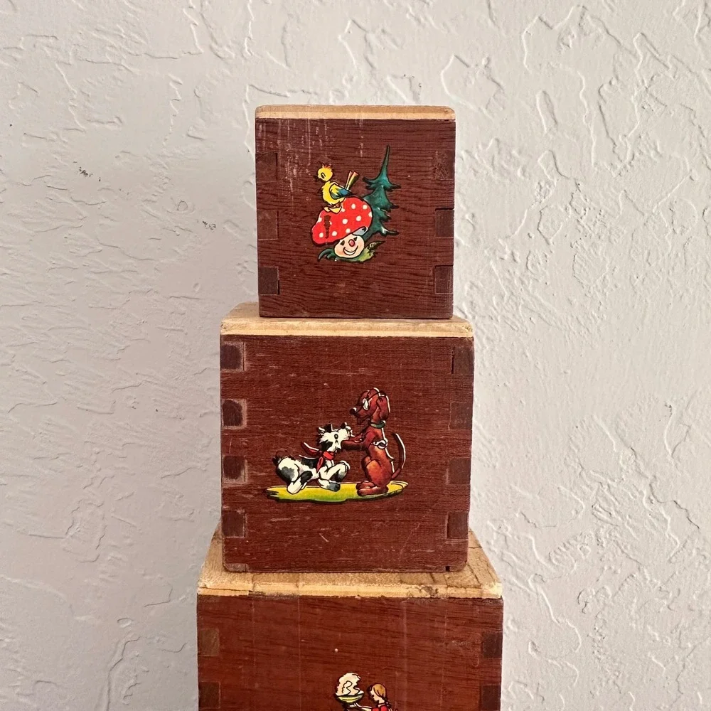 Vintage 30s 40s Wooden Stacking Toy Dovetail Primitive Folk‎ Art